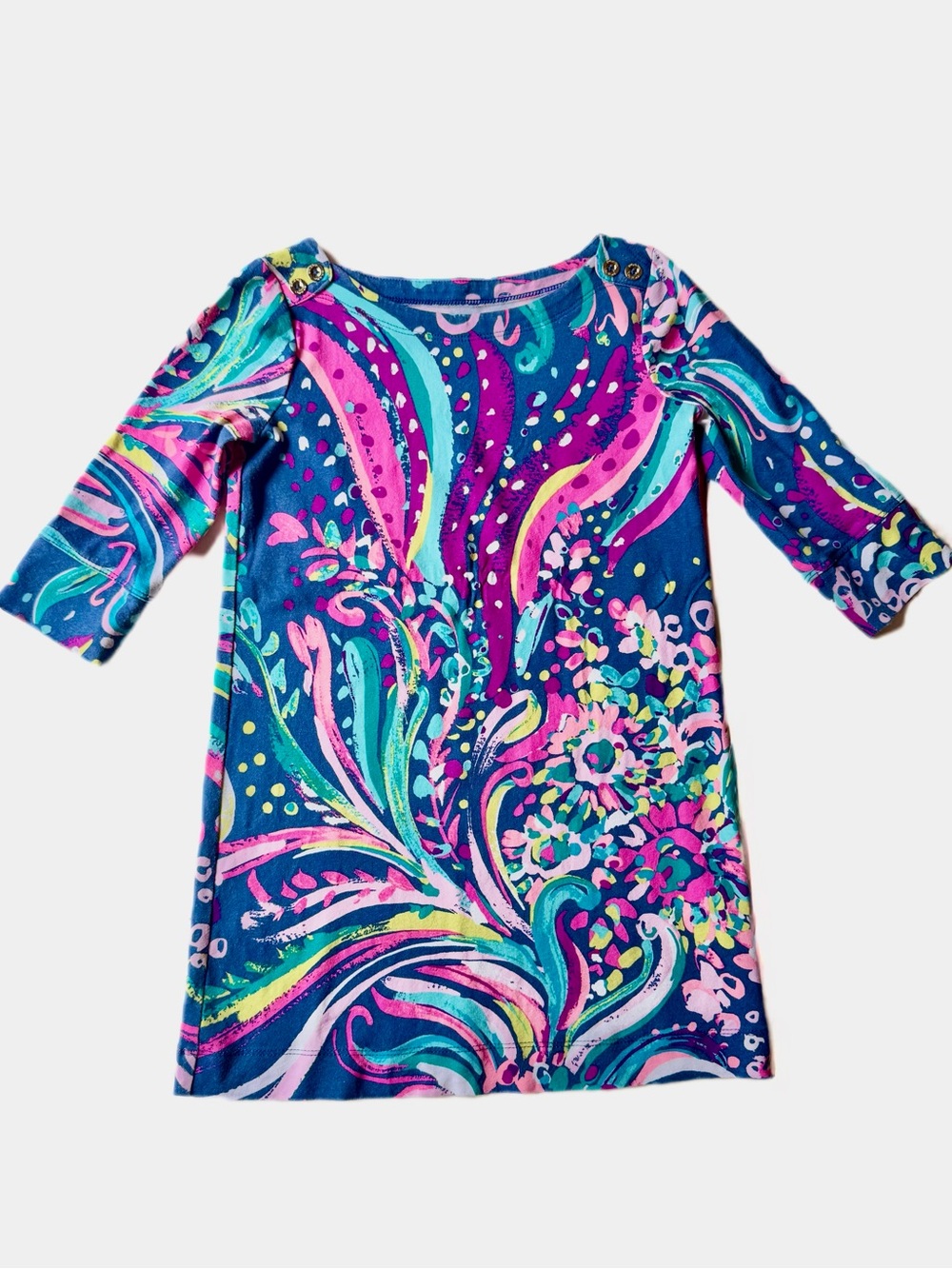 Lilly Pulitzer Girls Cosmic Kismet Dress S (4-5) 3/4 Sleeve Gold Button